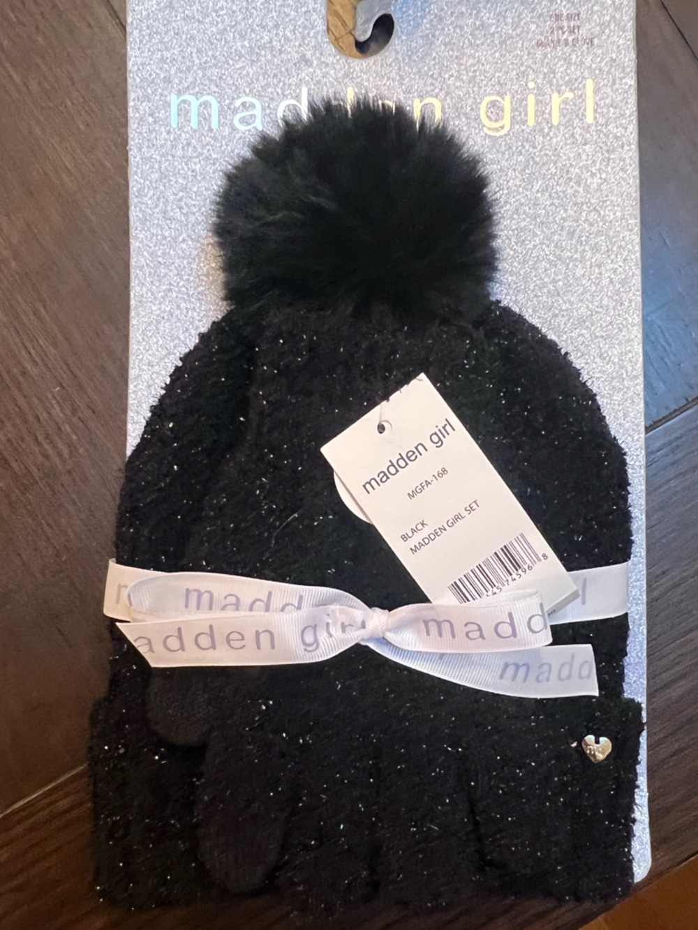 Madden Girl Black Sparkle Pom Beanie & Mitten Set